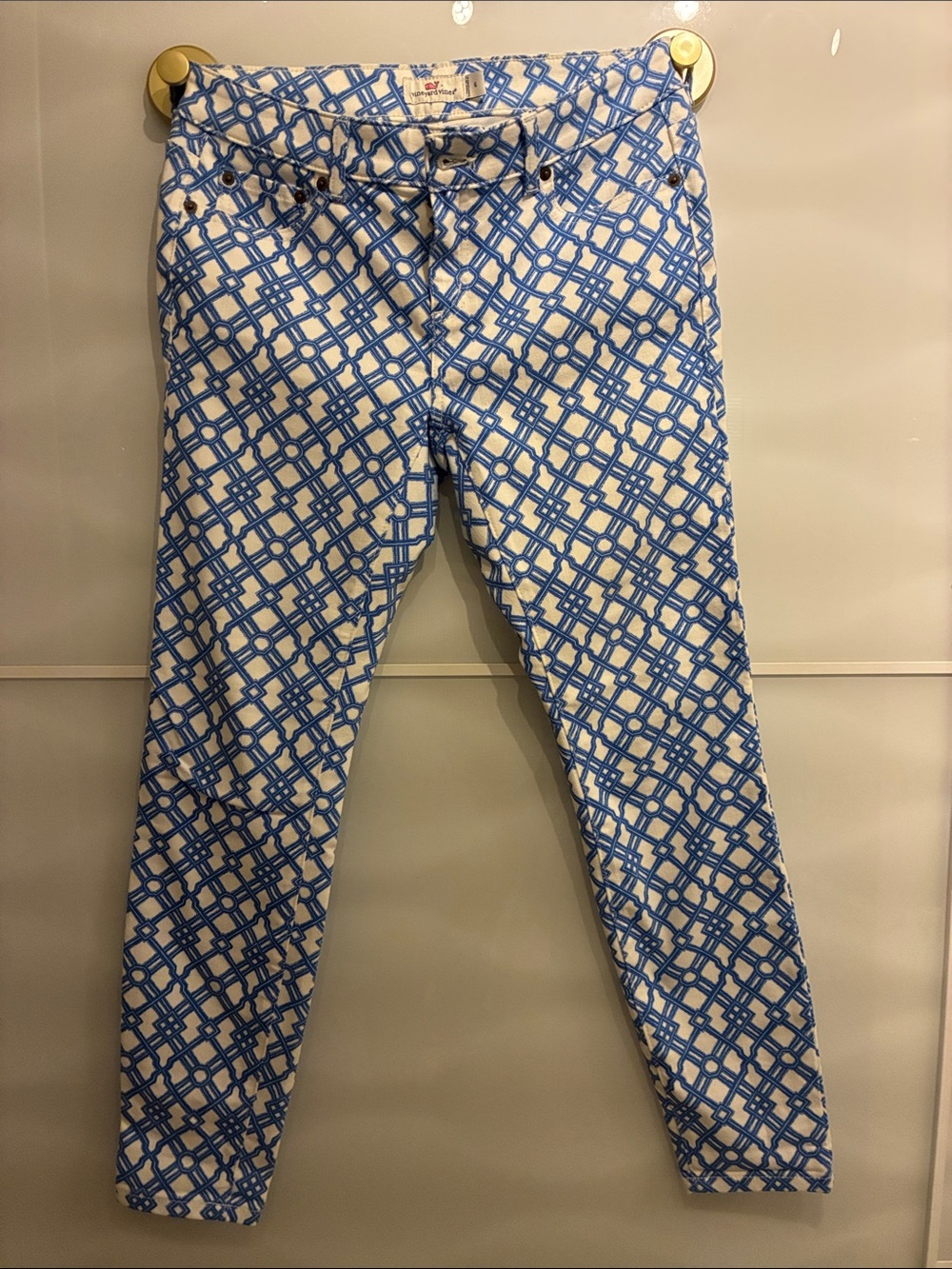 Vineyard Vines White Pants with Blue Lattice Print
